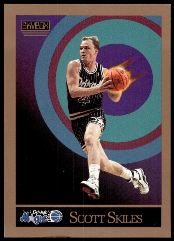 Scott Skiles 1990-91 SkyBox Basketball Card #205 featuring Orlando Magic action pose.