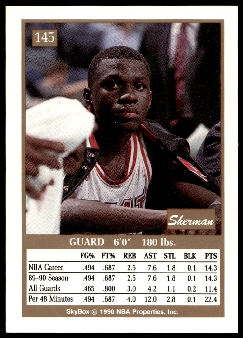 Back of 1990 SkyBox Sherman Douglas basketball card, featuring stats from Miami Heat season.