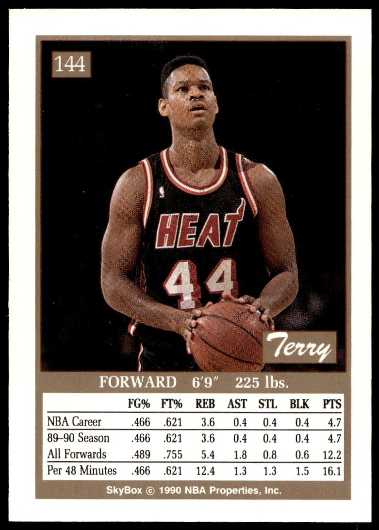 Back of 1990-91 SkyBox Terry Davis basketball card, including stats and bio.