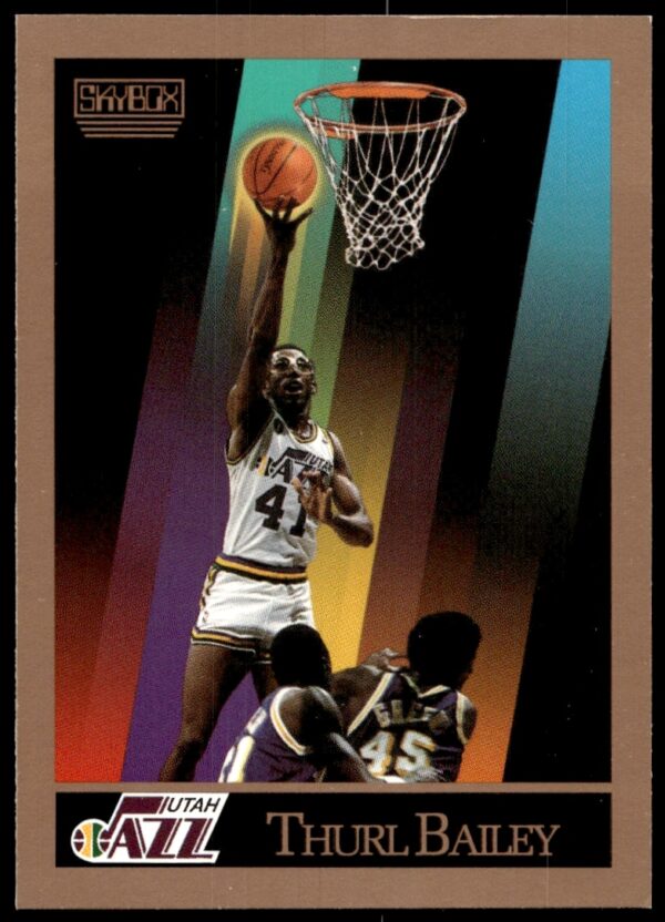 Front of 1990-91 SkyBox Thurl Bailey basketball card #274 showing him in action.