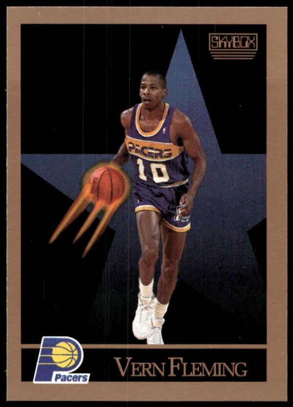 Vern Fleming 1990 SkyBox card #114 front, Indiana Pacers, in action, colorful design.