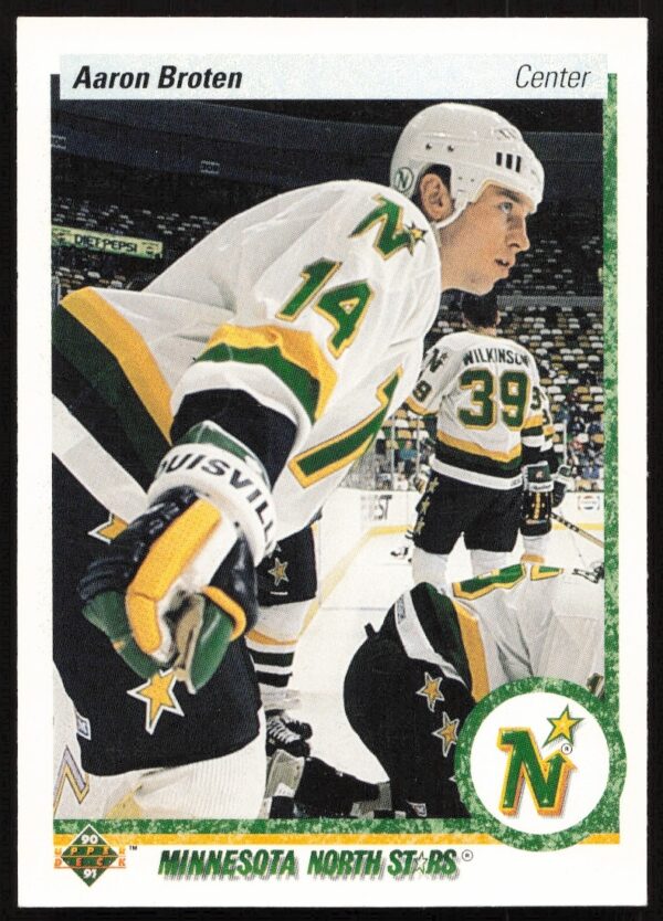 Aaron Broten hockey card, 1990-91 Upper Deck #210, action shot in team jersey.