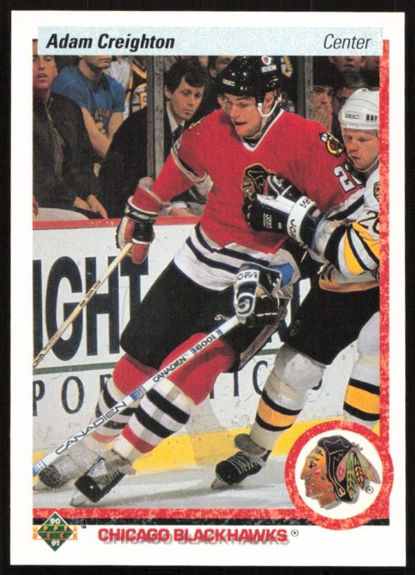 Adam Creighton 1990-91 Upper Deck hockey card #4, Chicago Blackhawks jersey, action shot.