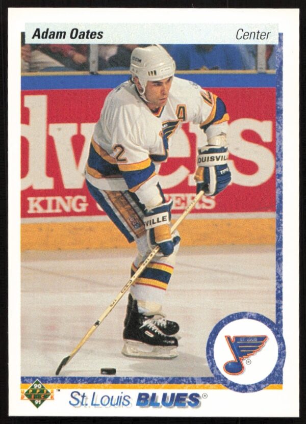 Adam Oates 1990-91 Upper Deck card showing him in Boston Bruins jersey on ice.