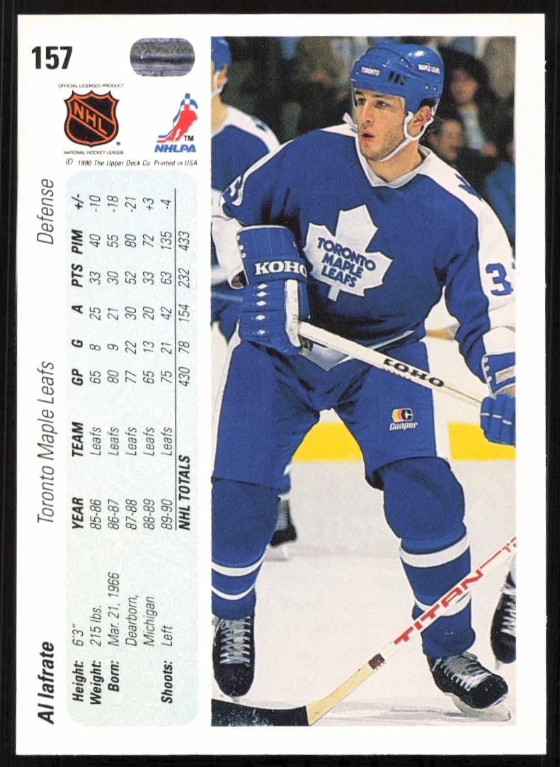 Back of 1990-91 Al Iafrate Upper Deck card #157 with stats and career highlights.