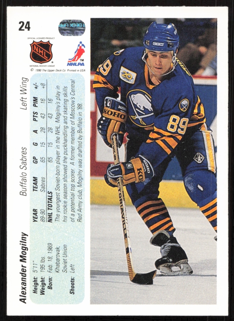 Back of 1990-91 Upper Deck card featuring Alexander Mogilny, stats, bio, and Sabres portrait.
