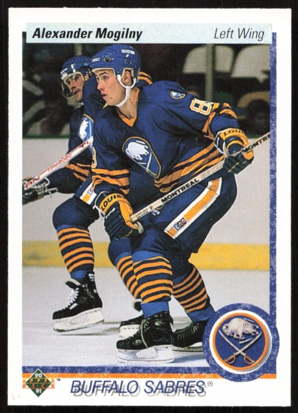Front of 1990-91 Upper Deck hockey card featuring Alexander Mogilny in Buffalo Sabres uniform.
