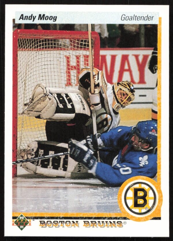 1990-91 Upper Deck hockey card featuring goalie Andy Moog in action, #232.