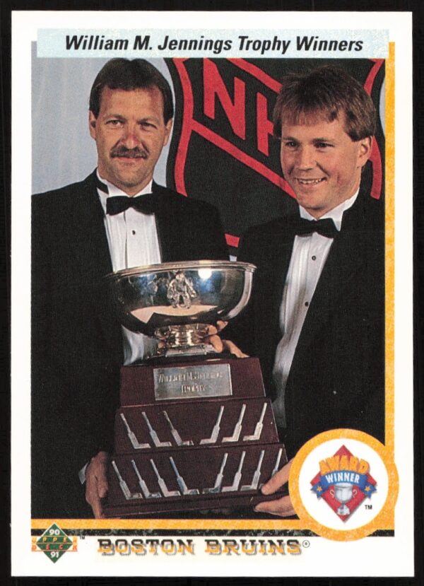 1990-91 Upper Deck hockey card: Andy Moog and Rejean Lemelin displaying team logos, card #209.