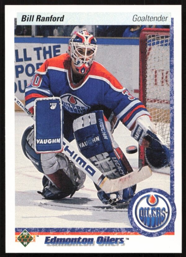 Bill Ranford Upper Deck 1990-91 card, Edmonton Oilers goalie in action, card #42.