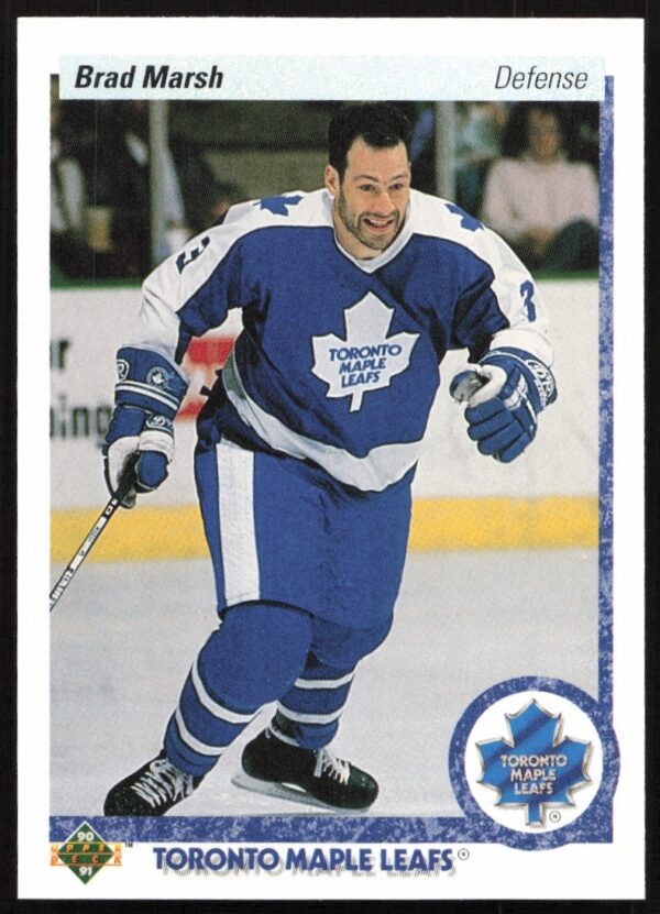 Brad Marsh 1990-91 Upper Deck card #199, Philadelphia Flyers uniform, focused on ice.