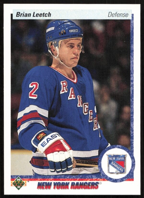 Brian Leetch 1990-91 Upper Deck hockey card #253 front, New York Rangers action shot.