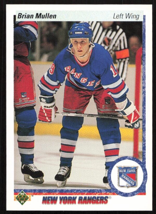 Brian Mullen 1990-91 Upper Deck Hockey Card #182 featuring dynamic action (Front).