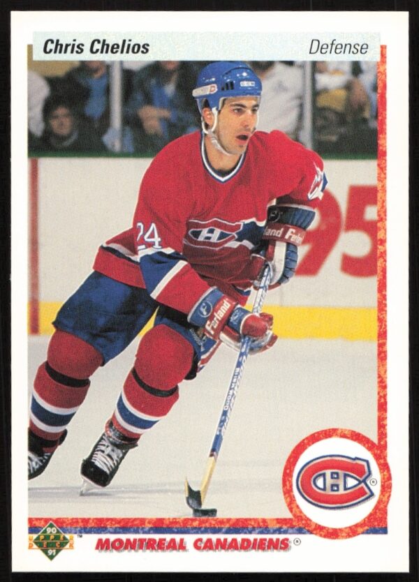 Chris Chelios 1990-91 Upper Deck Card #174, Chicago Blackhawks, NHL defensive star.