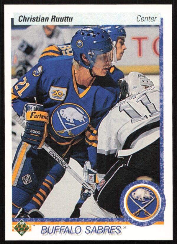 Christian Ruuttu hockey card 1990-91 Upper Deck #170, Buffalo Sabres action shot.
