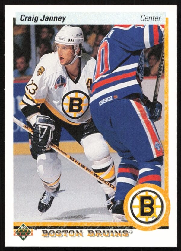 Craig Janney in action, Boston Bruins, 1990-91 Upper Deck #234 trading card.