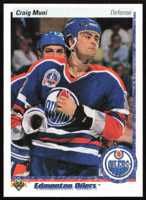 Craig Muni in action, 1990-91 Upper Deck hockey card #21, iconic collectible.
