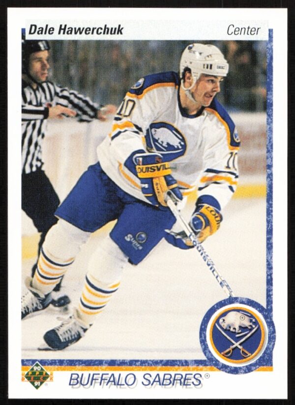 Dale Hawerchuk 1990-91 Upper Deck hockey card #443, featuring dynamic gameplay moment.