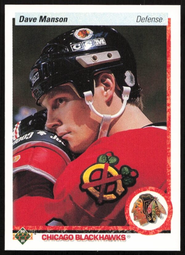 Front of 1990-91 Dave Manson Upper Deck Hockey Card #85 showing action shot.