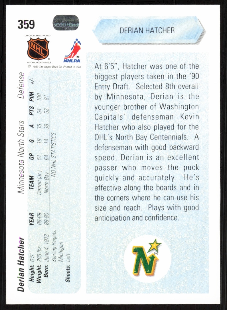 Back of 1990-91 Upper Deck card #359 featuring NHL defenseman Derian Hatchers early career details.