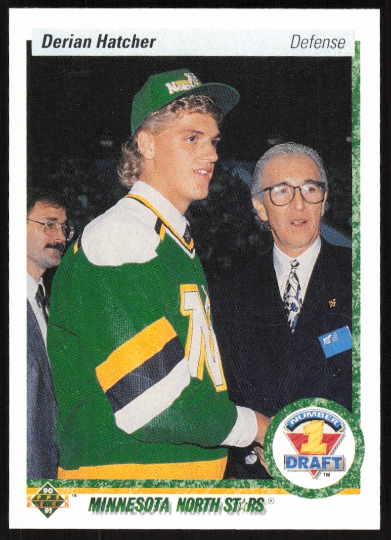 Derian Hatcher 1990-91 Upper Deck hockey card #359, front view, in-game action shot.