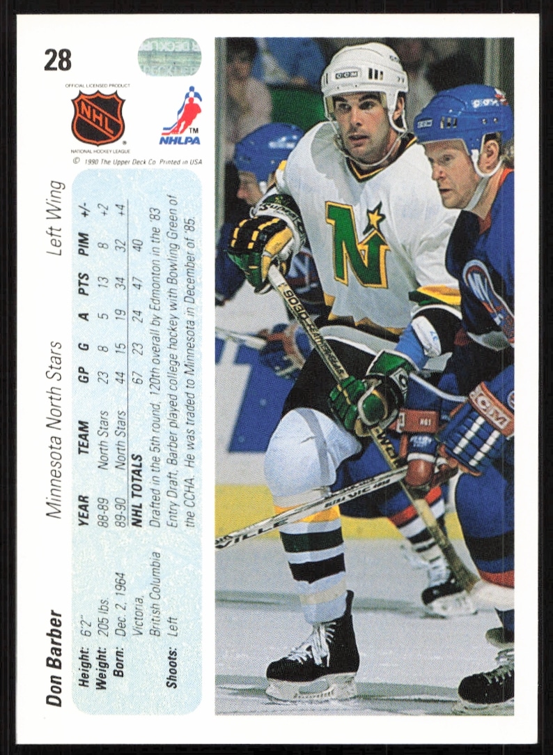 1990-91 Upper Deck Don Barber #28 card back with stats and biography.