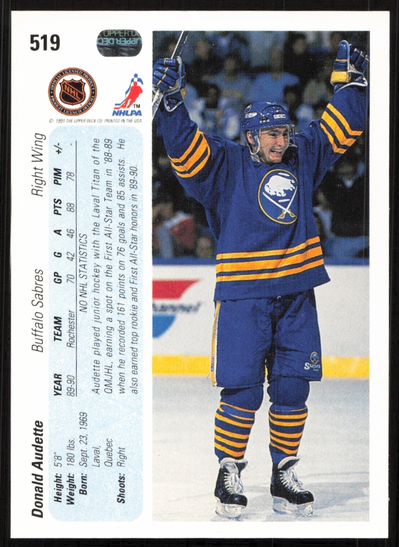 Back of 1990-91 Upper Deck Donald Audette card, stats and highlights included.