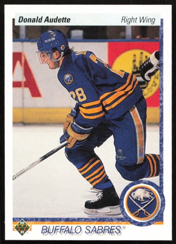 Front view of 1990-91 Upper Deck hockey card featuring Donald Audette in action.