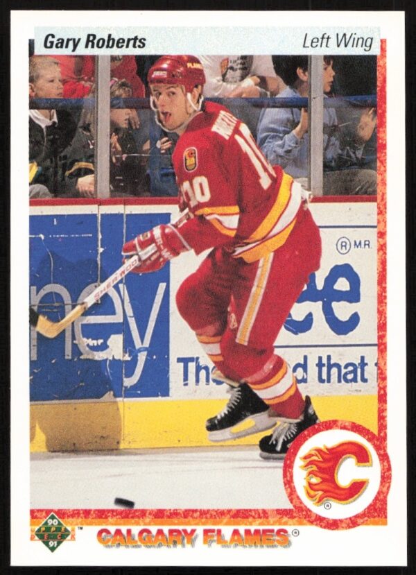 Gary Roberts 1990-91 Upper Deck hockey card, Calgary Flames, action shot.