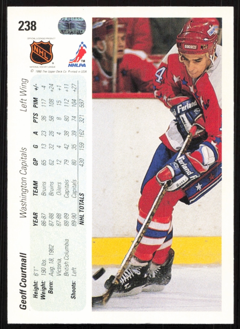 Geoff Courtnalls 1990-91 card back: stats, bio, and highlights, Upper Deck #238.