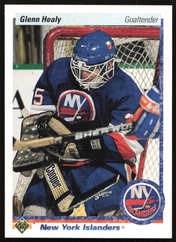 Glenn Healy 1990-91 Upper Deck Hockey Card #18 showing focused goaltender in vibrant gear.