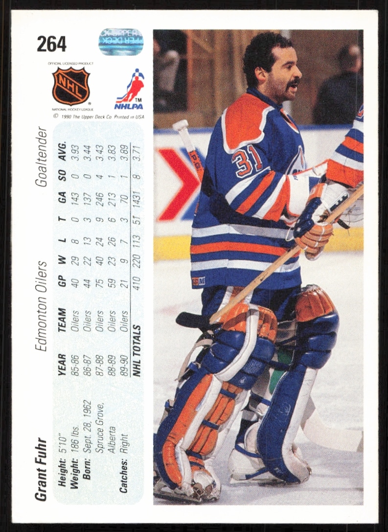 Back of 1990-91 Upper Deck Grant Fuhr #264, featuring stats and career highlights.