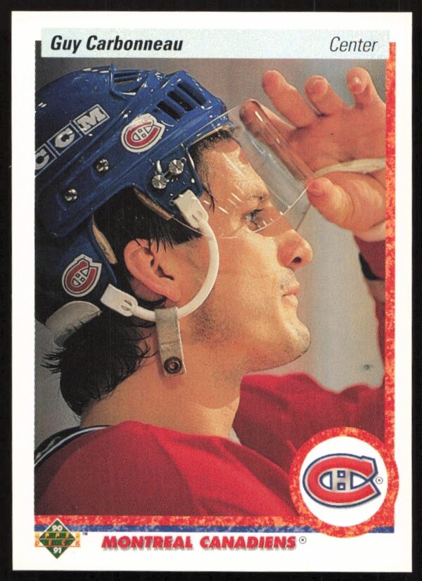 Guy Carbonneau 1990-91 Upper Deck card #188 in Montreal Canadiens uniform, action pose.