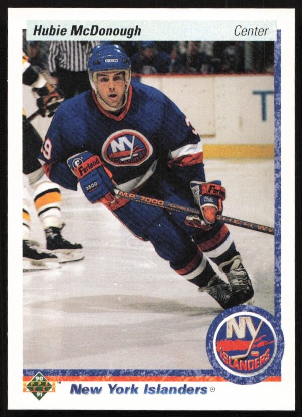 Front of 1990-91 Upper Deck hockey card featuring Hubie McDonough in team uniform.