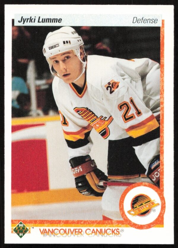 Jyrki Lumme 1990-91 Upper Deck hockey card, front view, Vancouver Canucks, action shot.