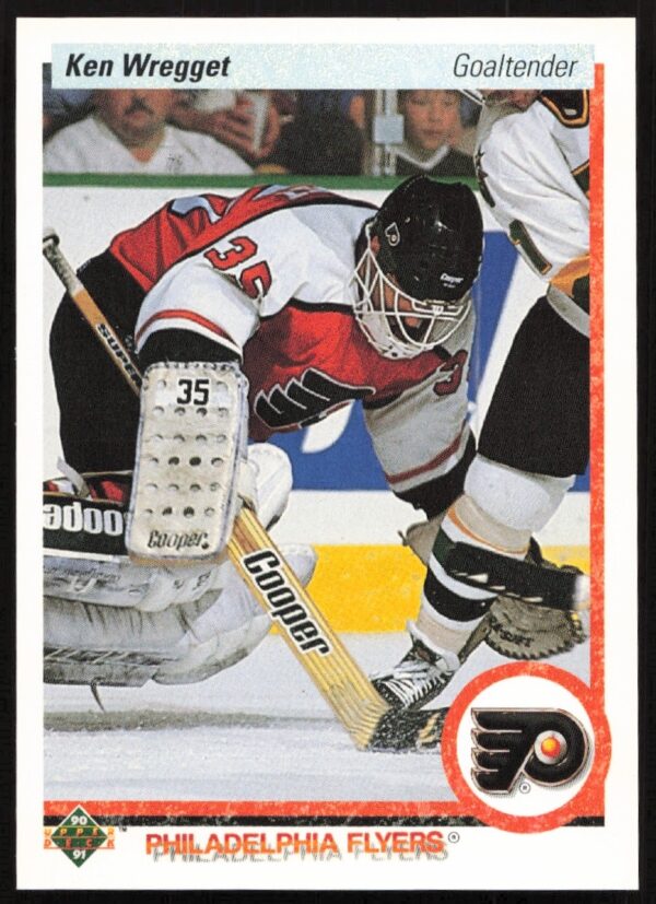 Ken Wregget 1990-91 Upper Deck Card #89, Front View: Goalie Stance in Uniform.