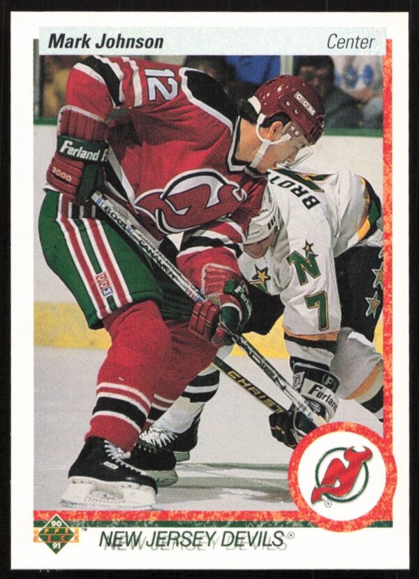 Vintage 1990-91 Upper Deck Mark Johnson hockey card #180, showcasing him in team uniform on ice.