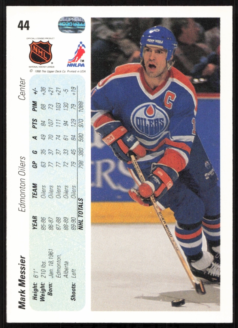Back of 1990-91 Upper Deck Mark Messier #44 hockey card with career stats.