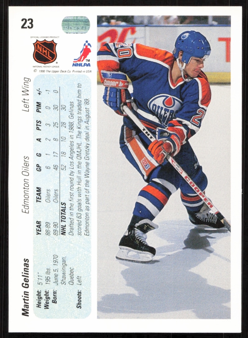 1990-91 Upper Deck Martin Gelinas #23 card back with stats and bio.