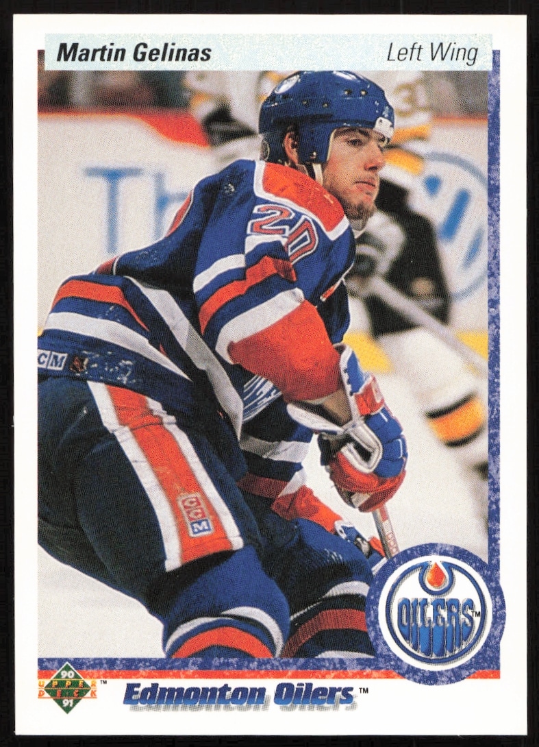 Martin Gelinas 1990-91 Upper Deck card #23, Edmonton Oilers uniform, action shot.