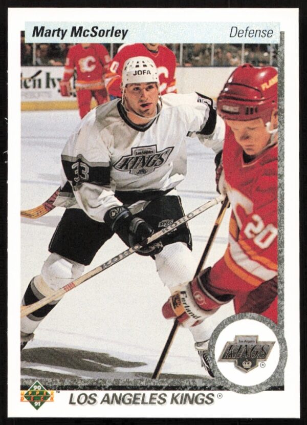 Marty McSorley 1990-91 Upper Deck Hockey Card #212, Los Angeles Kings action shot.