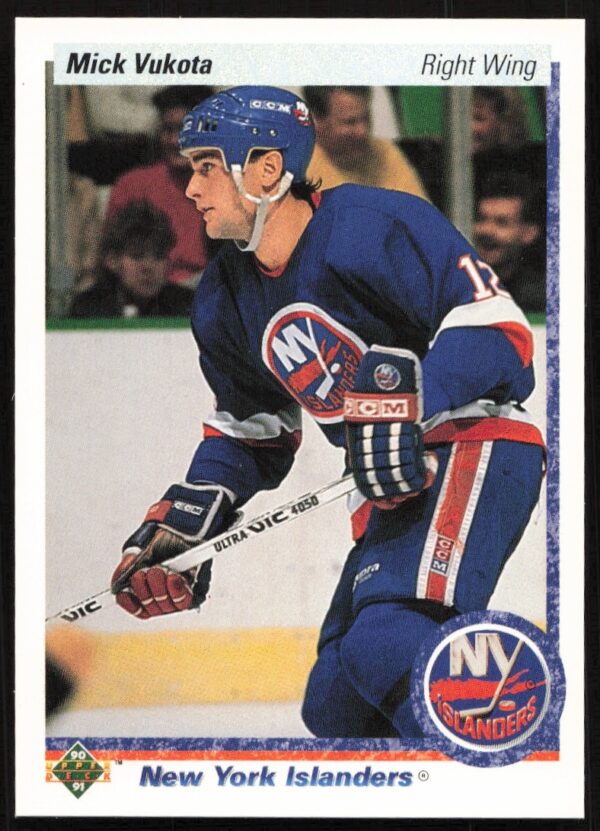 Mick Vukota 1990-91 Upper Deck card, New York Islanders, dynamic ice action, uniform #39.