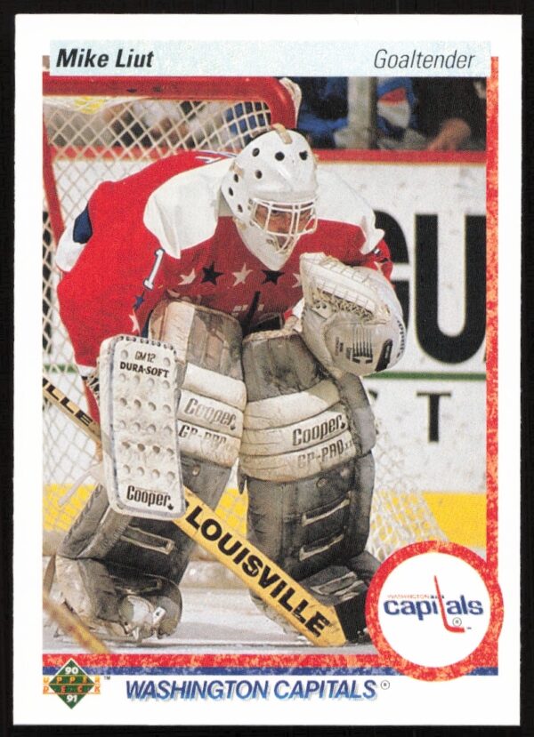 Mike Liut 1990-91 Upper Deck hockey card #127 front view, showcasing goaltender in action.