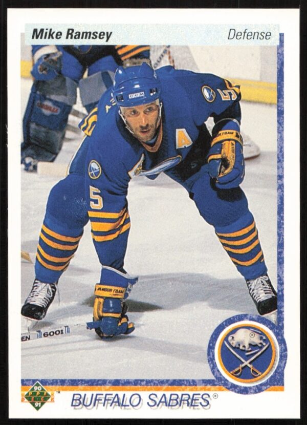 Mike Ramsey 1990-91 Upper Deck hockey card #168, Buffalo Sabres defenseman in action.