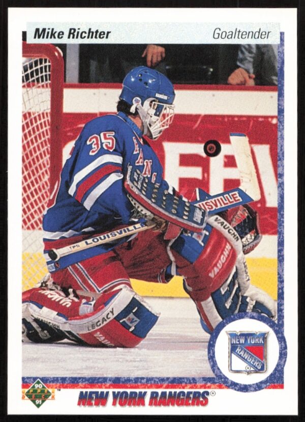 1990-91 Upper Deck Mike Richter Hockey Card #32 featuring NY Rangers goalie in action.