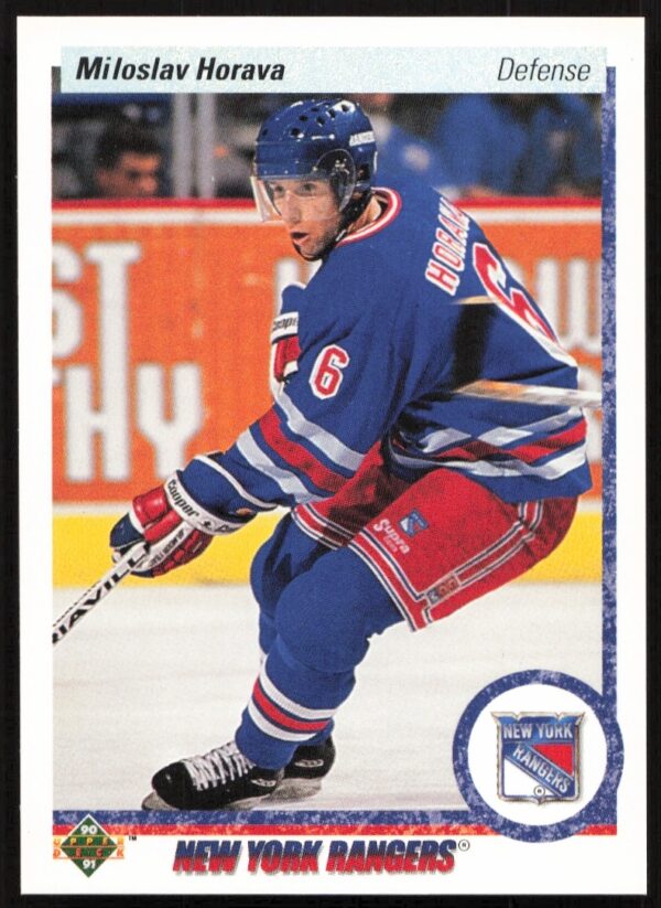 Front view of 1990-91 Upper Deck Miloslav Horava hockey card, featuring player in uniform.
