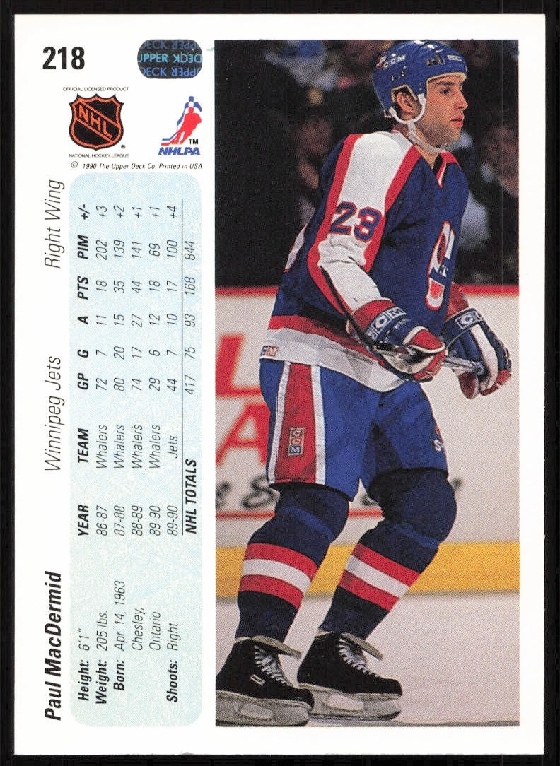 Back of 1990-91 Upper Deck Paul MacDermid card #218 with player stats and biography.
