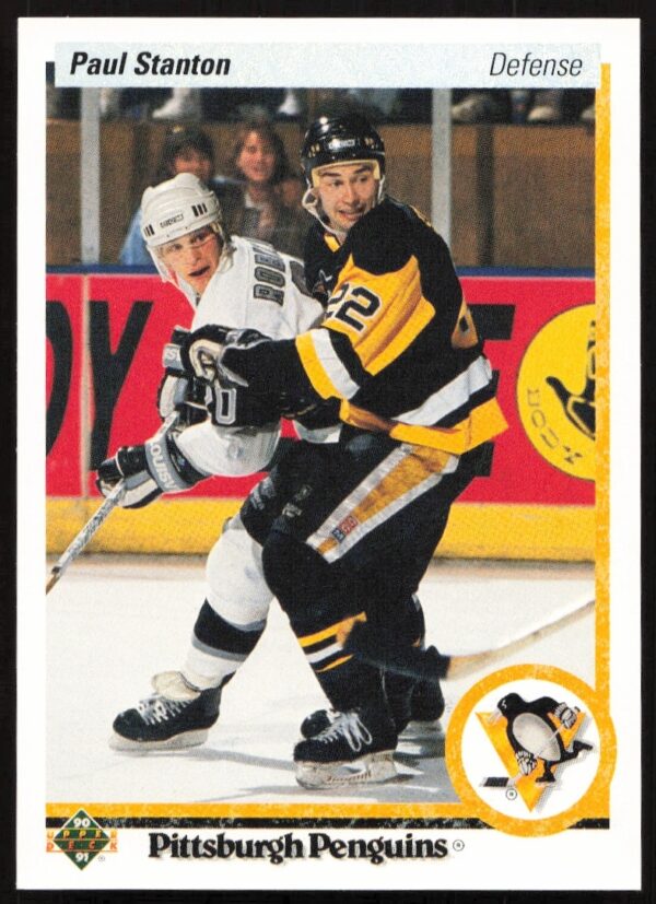 Paul Stanton 1990-91 Upper Deck Hockey Card #404, Penguins, on-ice action shot.