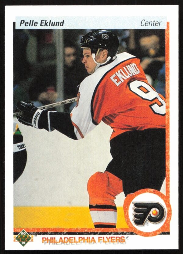 Pelle Eklund 1990-91 Upper Deck Hockey Card #138, Philadelphia Flyers in action.