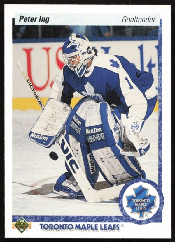 Peter Ing 1990-91 Upper Deck Hockey Card #432, Toronto Maple Leafs Goalie in Action.